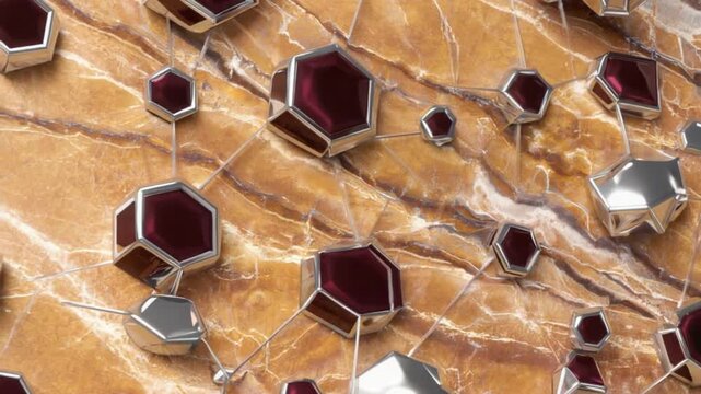 Close up of red and silver geometric shapes connected by lines on a marble textured background abstract geometric background patterns video