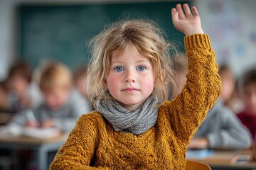 An elementary school student raises her hand ready to answer her teacher's questions in class