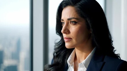Woman looking thoughtfully out large window in modern office overlooking cityscape. Bright light highlights her focused expression in urban environment. Concept of business, ambition, career growth