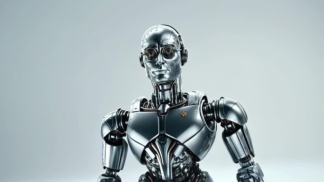 Robotic humanoid figure with intricate details shown against a plain background