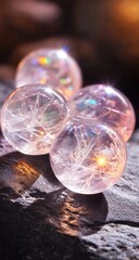 Crystal spheres on dark rock. Light refracts, glows warmly