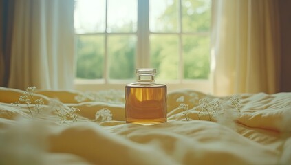 Glass bottle on yellow fabric near a window with greenery