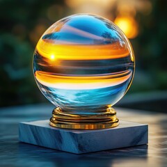 Glass globe with sunset colors on marble base