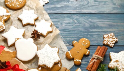 tasty homemade Christmas cookies on dark blue wooden table