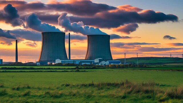 Power plant during sunset with cooling towers and smokestacks against a vibrant sky