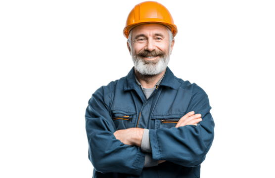 A smiling middle-aged man in blue workwear and an orange helmet, with his arms crossed, isolated on a transparent background. png file. - Powered by Adobe