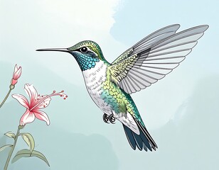 Fototapeta premium A detailed illustration of a hummingbird hovering near a pink flower