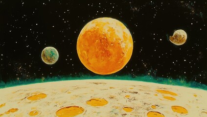 Retro cosmic landscape with planets and celestial bodies