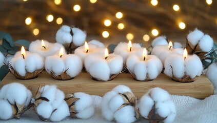Cotton candles glow on wood, with bokeh lights behind