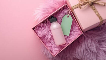Pink bottle in gift box atop fluffy pink surface