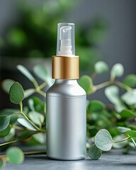 Silver pump bottle against greenery