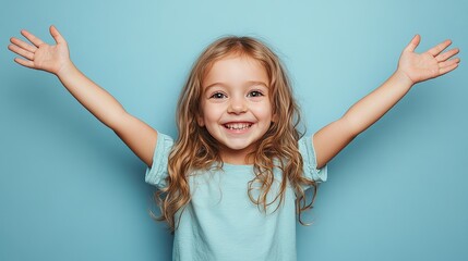 A child genuinely rejoices at her success. A sweet, energetic, and inspired girl joyfully raises her arms against a plain background