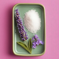 Lavender and sugar pile on green dish, pink background