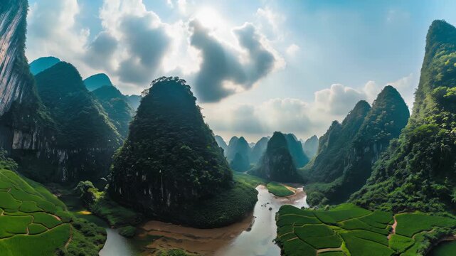 Breathtaking view from a cave overlooking lush mountains and a winding river in a serene natural landscape