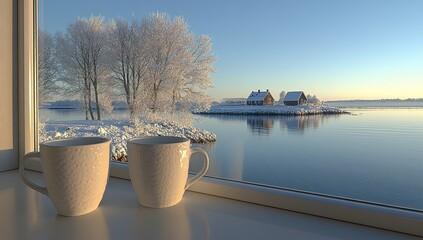 Snowy vista seen from window with warm mugs