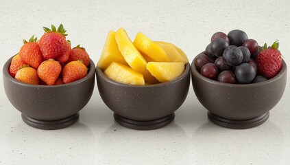Three bowls each overflowing with different fresh fruits