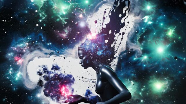 Woman with galaxy-inspired hair in an abstract art piece showcasing vibrant colors and intricate patterns
