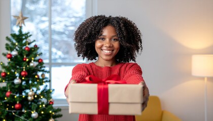 Young woman holding wrapped Christmas present with a red ribbon, standing near Christmas tree 