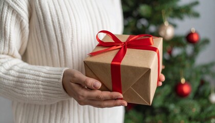 Young woman holding wrapped Christmas present with a red ribbon, standing near Christmas tree 