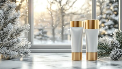 White tubes, gold accents, snowy winter scene, marble surface