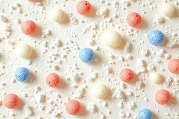 Candies scattered on frosted surface. Close-up view