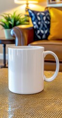 White mug on textured mat, cozy living room background