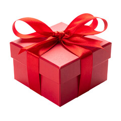 Obraz premium Red gift box, elegantly adorned with a satin ribbon and bow, presented against a stark black background, conveying a sense of luxury and celebration, perfect for special occasions and festive events.