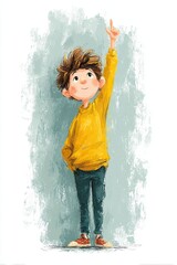 A small child will raise his hand to answer a question. Cartoon illustration