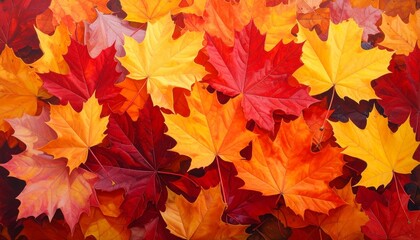 A bright, seamless pattern of colorful maple leaves and autumn foliage in orange, yellow, and red decorates the tree for the season in October