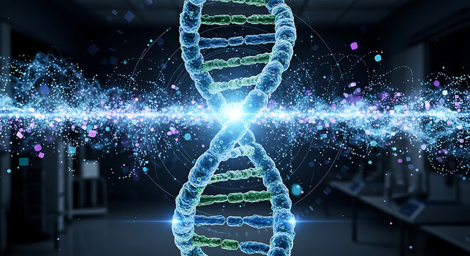 Scientific Biotechnology DNA Molecule Helix with Futuristic Digital Particles - Powered by Adobe