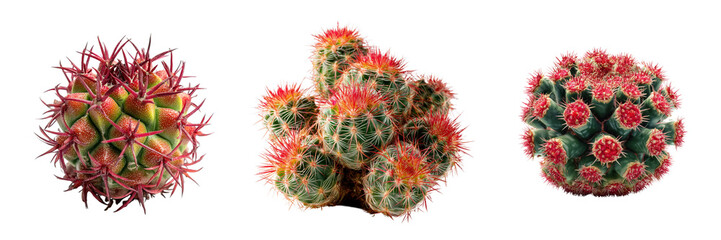 Set of  A cluster of red and green cacti in modern minimalist arrangement, clean lines, natural textures isolated on a transparent background