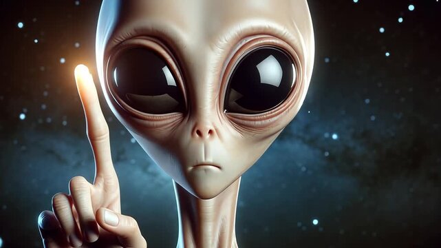 A humanoid alien with large black eyes and a slender body points a finger in a cosmic background filled with stars and nebulae.
