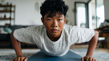 Boy doing yoga pose.