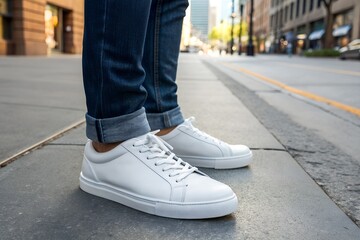 Casual sneakers worn with rolled-up jeans on city street. close up