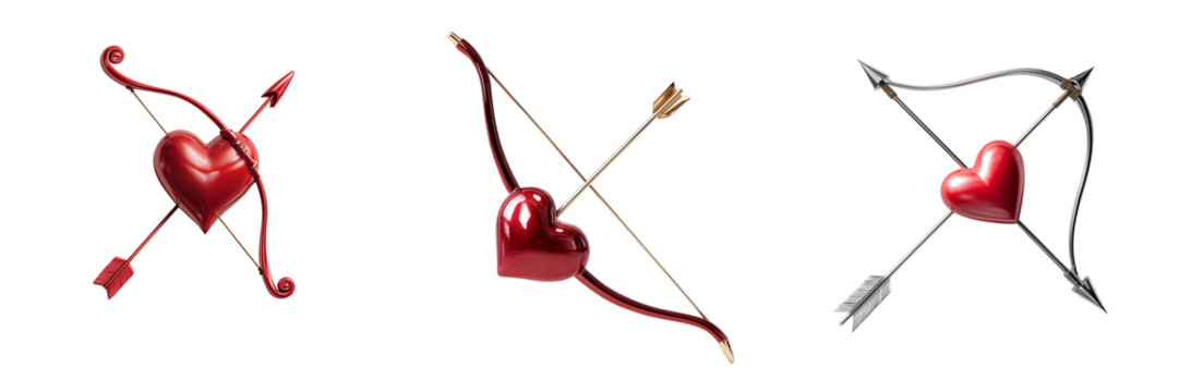 Set of  A single arrow shaped like a heart at the tip, metallic texture with subtle highlights, minimalist presentation isolated on a transparent background