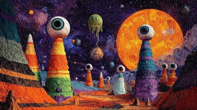 Surreal Halloween dreamscape with floating eyeball planets, candycorn towers, and a dripping wax moon. Dadaist art style.
