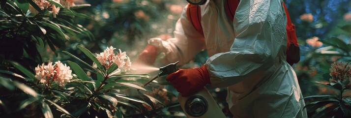 A person in protective gear sprays a solution on blooming flowers in a vibrant garden, ensuring plant health and pest control during daytime.