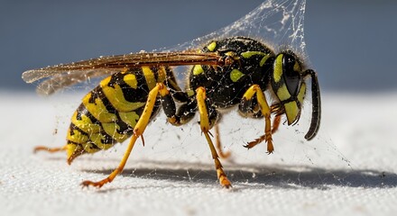 Close up of a yellow jacket wasp with intricate details.