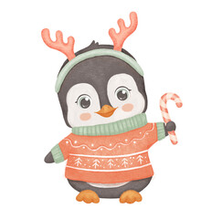 Penguin with candy cane. Cute animal isolated on white background. Childish watercolor festive illustration.