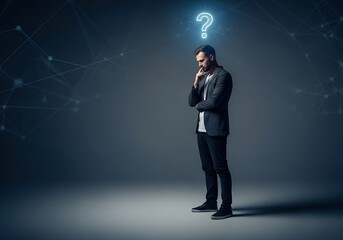 Obraz premium Uncertainty A thoughtful individual with a question mark, a modern depiction of puzzlement and indecision, capturing the emotional state of doubt and confusion.