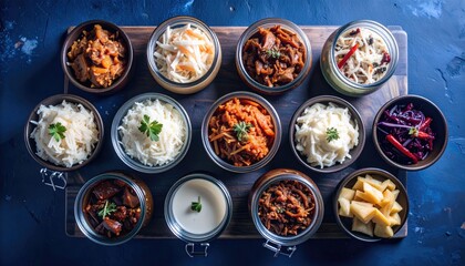Fermented Foods Flat Lay – Kimchi, Kombucha, Sauerkraut, Wooden Board