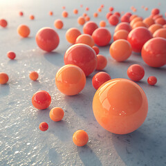 Numerous vibrant orange spheres scattered across textured surface abstract studio shot illustration