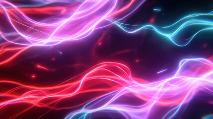 Glowing, neon-like strands of red, purple, and blue energy swirl against a dark, abstract background