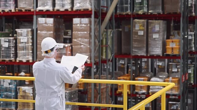 A warehouse employee in hardhat checks the availability of goods on the shelves of a large modern distribution center using delivery notes. Tall shelves are filled with boxes of various goods.