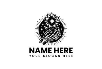 A skeletal hand offering a sunflower against a celestial background.