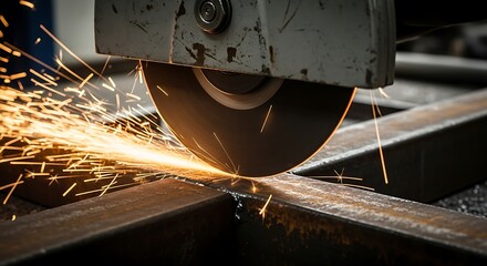 Close-up of a metal cutting saw creating sparks in an industrial setting.