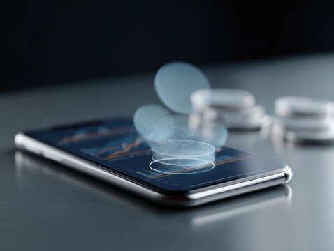 Smartphone displaying financial data with holographic interface