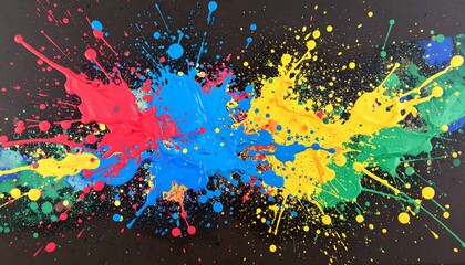 A powerful horizontal burst of vibrant paint splashes in primary colors?red, blue, yellow, and green?across a black background. This abstract image illustrates creative ideas and artistic expression.