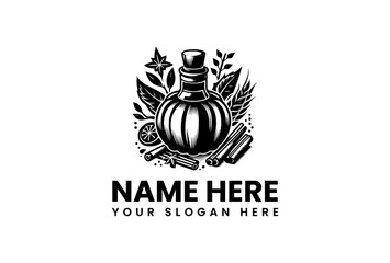 Black and White Herbal Remedy Bottle with Cinnamon and Floral Accents.