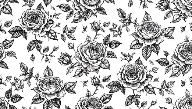 Detailed black and white rose pattern